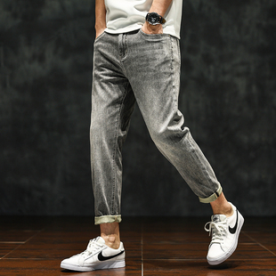 子柔软 男微哈伦小脚锥形萝卜浅灰色9分裤 2024新款 春夏九分牛仔裤