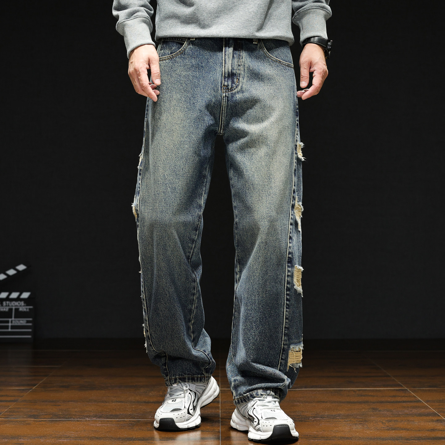 2025秋冬新款重磅美式破洞贴布牛仔裤男宽松直筒潮牌拼接设计长裤,男装,牛仔裤,淘宝优惠券,粉丝福利购,淘宝优惠卷