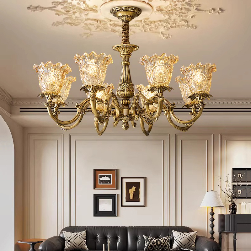 美式复古轻奢压花高级感古铜2025年新款法式中古别墅客厅全铜吊灯