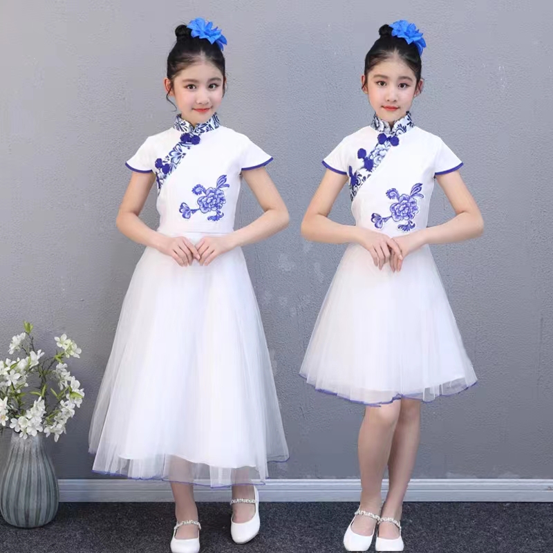 中国风青花瓷儿童演出服纱裙中小学生大合唱服装古筝表演诗歌朗诵
