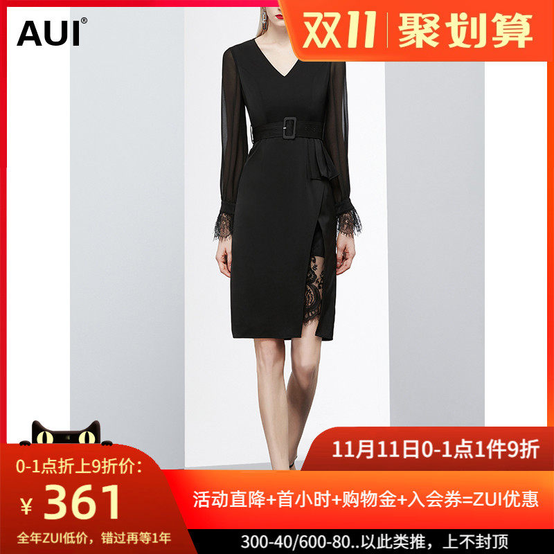 欧货黑色收腰显瘦气质V领连衣裙女夏2020新款拼接蕾丝长袖裙子秋