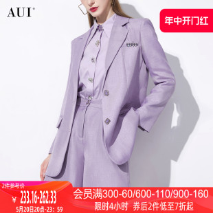 长袖 AUI紫色气质职业西装 女2024春秋新款 两件套 套装 西服高腰短裤