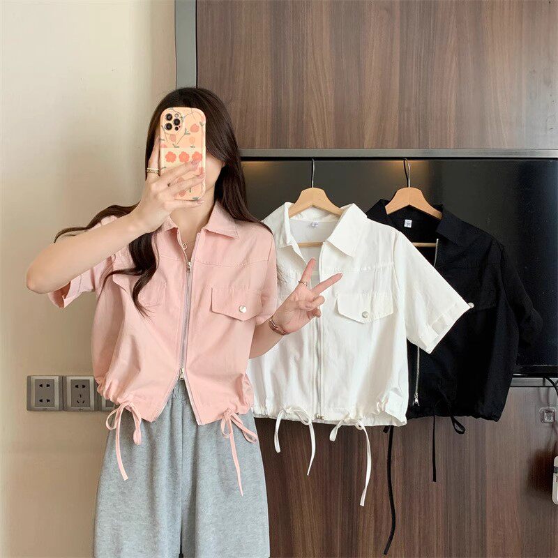 淘宝爆款特价版女装夏季百搭短款上衣显瘦学生短袖开衫Polo领衬衫
