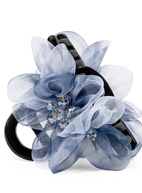 复古蓝色烟雨江南花朵抓夹女2025新款高端鲨鱼夹精致气质发夹头饰