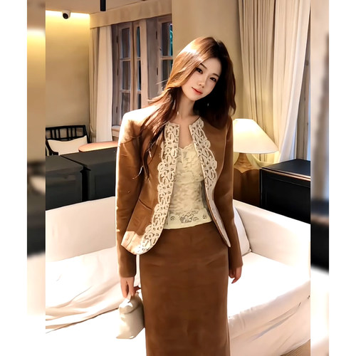 法式小香风老钱风高智感复古风撞色外套蕾丝吊带包臀半身裙三件套