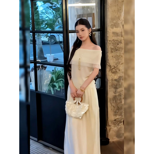 夏季韩系小众设计感假两件披肩短袖T恤纯欲修身高腰半身裙两件套