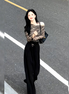 2026年夏季新款小众设计感斑马纹斜修身显瘦打底上衣黑色西裤套装