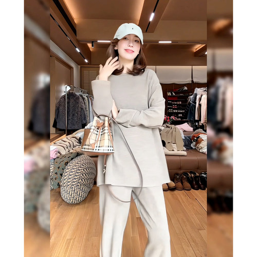 韩版时尚套装春秋季慵懒风长袖针织衫上衣阔腿长裤气质休闲两件套