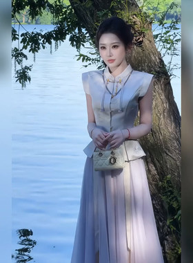 新中式国风女改良盘扣立领无袖马甲上衣+渐变紫色半身长裙两件套