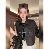 皮衣外套女甜酷辣妹风宽松显瘦翻领皮夹克 黑色短款 2026春季 新款