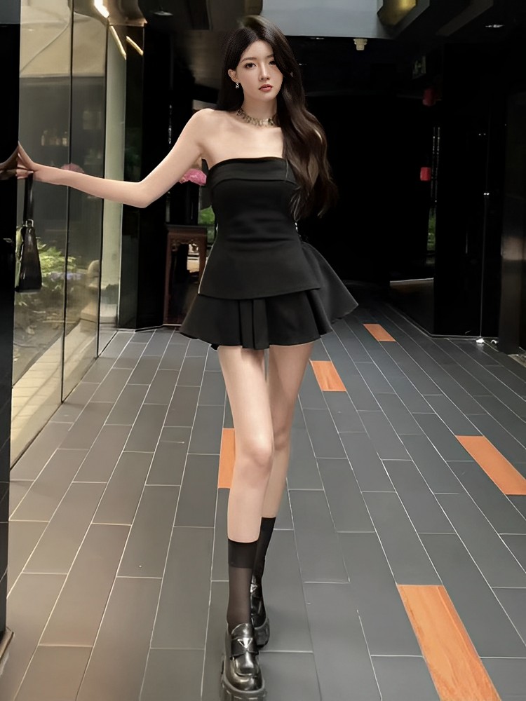 夏季辣妹风修身显瘦抹胸背心上衣美式高腰气质花苞蓬蓬裙裤两件套