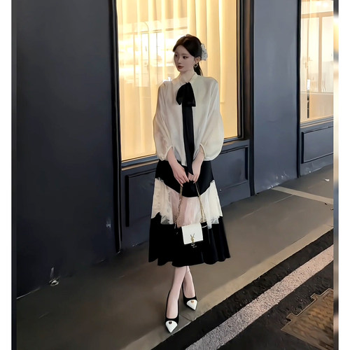 法式蝴蝶结衬衫半身裙套装2026年春秋季蕾丝拼接衬衫半身裙两件套