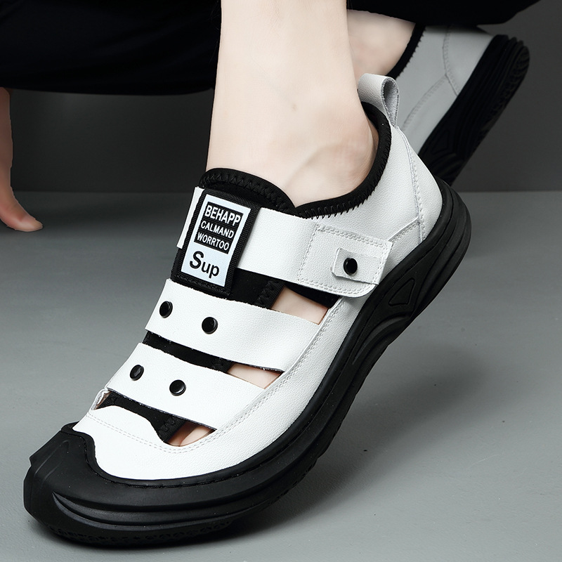 男鞋夏季新款男士中老年爸爸皮凉鞋男装包头休闲皮鞋白面黑底防滑