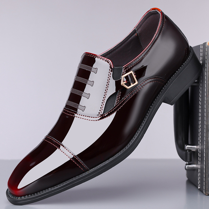 男鞋亮面商务休闲鞋青年男士西装潮流皮鞋尖头三接头亮皮正装皮鞋