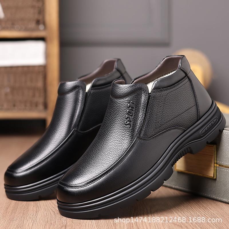 棉鞋男2025年新款冬季加绒保暖鞋子男头层牛皮男士套脚带毛短靴