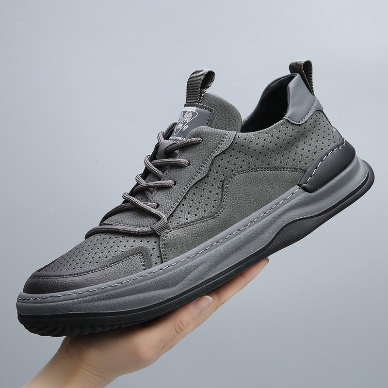 夏季镂空男款打孔男鞋宽头休闲皮鞋男士厚底百搭真皮透气板鞋潮牌