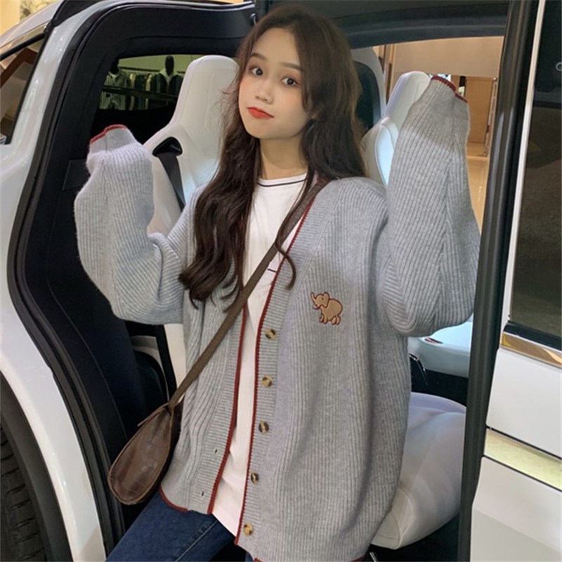 2020秋装新款宽松韩版学院风慵懒风V领针织毛衣开衫宽松短款外套