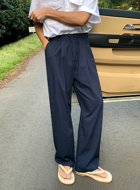 慵懒风亚麻休闲裤男士夏季薄款宽松垂感长裤子韩版潮流直筒拖地裤