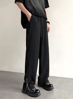 春季垂坠感西裤男高级感休闲裤子设计感开叉直筒宽松西装裤韩版潮