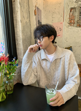 老钱风穿搭冬季新款韩版翻领POLO针织衫男宽松套头麻花毛衣线衣潮