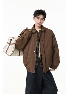 美式复古格纹拼接假两件翻领夹克棉服男款冬季短款宽松棉衣外套潮