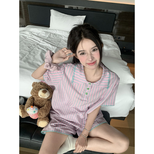 条纹翻领睡衣女可外穿宽松家居服
