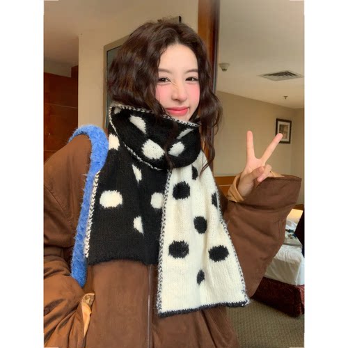 保暖情侣围脖波点毛绒针织围巾女