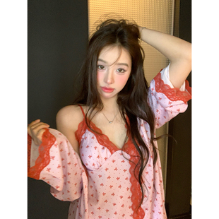 馨帮帮甜美吊带短裤 蕾丝蝴蝶结睡袍带胸垫睡裙家居服女夏 睡衣套装