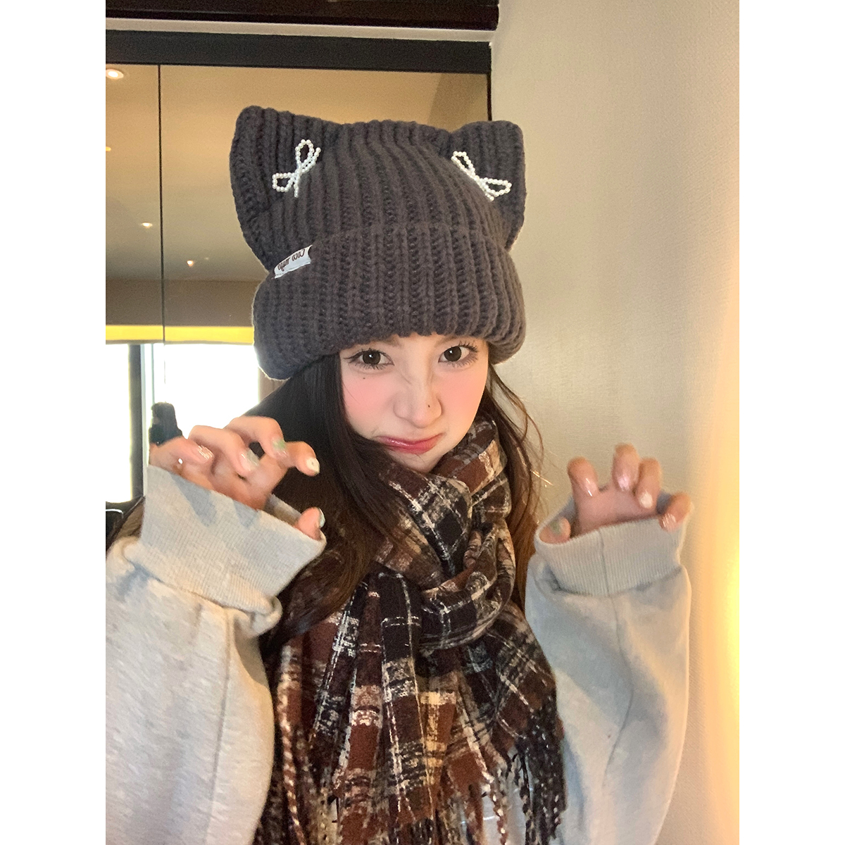 蝴蝶结珍珠毛线帽子护耳针织帽