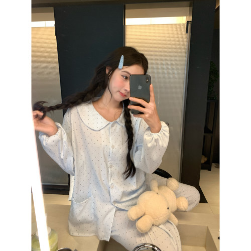 蓝色波点翻领睡衣可外穿裤家居服