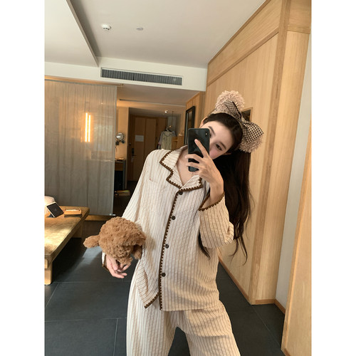 翻领条纹睡衣可外穿休闲家居服