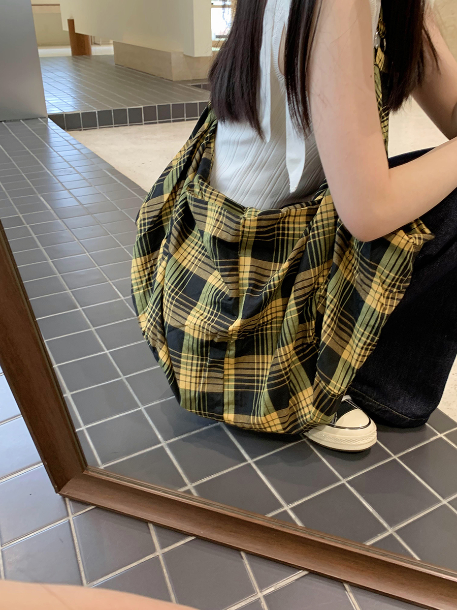 大容量旅行帆布包格纹单肩斜挎包
