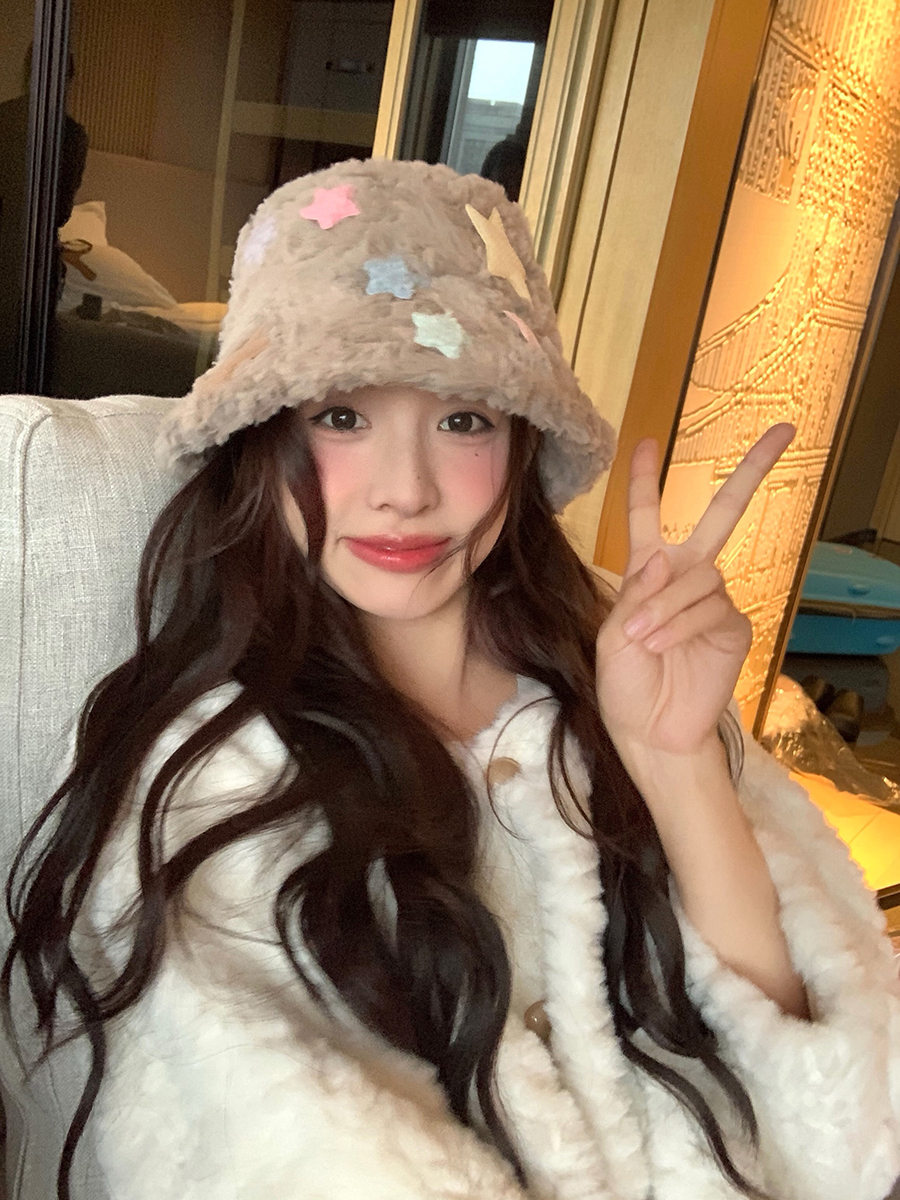 显脸小甜美盆帽可爱毛绒渔夫帽