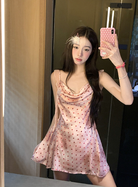 馨帮帮 波点吊带连衣裙睡衣女款夏薄款性感带胸垫飘带睡裙家居服