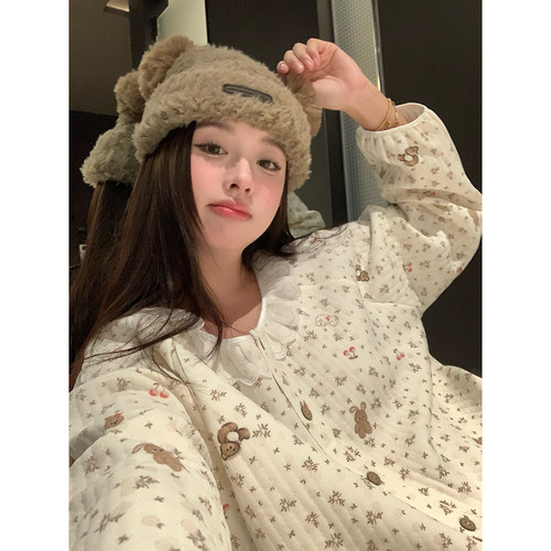 蕾丝圆领睡可外穿卡通保暖家居服