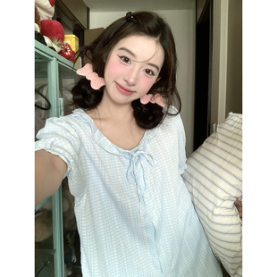 蝴蝶结系带格纹睡衣可外穿薄款 女款 短袖 家居服套装 夏 短裤 馨帮帮