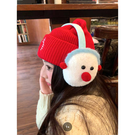 馨帮帮 骑行保暖耳包防风护耳耳套耳机式可爱雪人毛绒耳罩女冬天