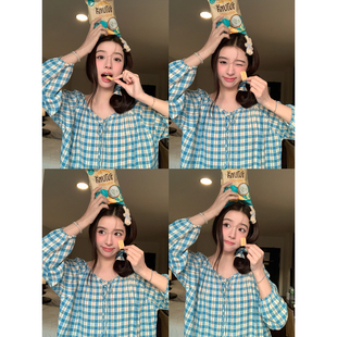 春季 长裤 薄款 可外穿长袖 细带V领家居服女 宽松格纹睡衣套装 馨帮帮