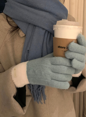 馨帮帮 拼色护手套冬季加厚保暖毛绒双层触屏分指针织手套女冬季