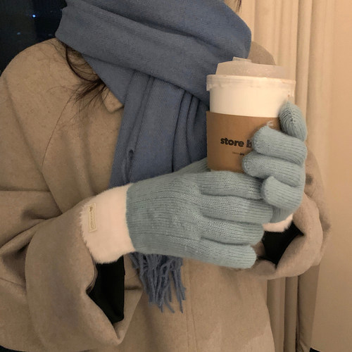 毛绒双层触屏分指针织手套女冬季