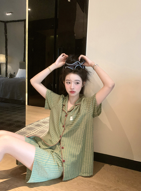 馨帮帮 撞色条纹短袖睡衣套装可外穿薄款休闲舒适短裤家居服女夏