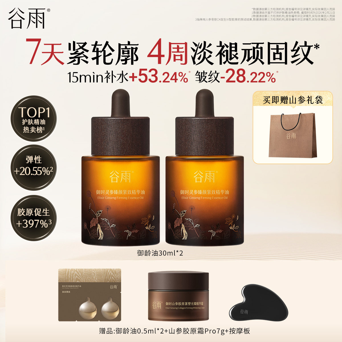 谷雨山参抗皱精华油22ml*2瓶 赠油胶原霜按摩板 150.6元 - 86线报