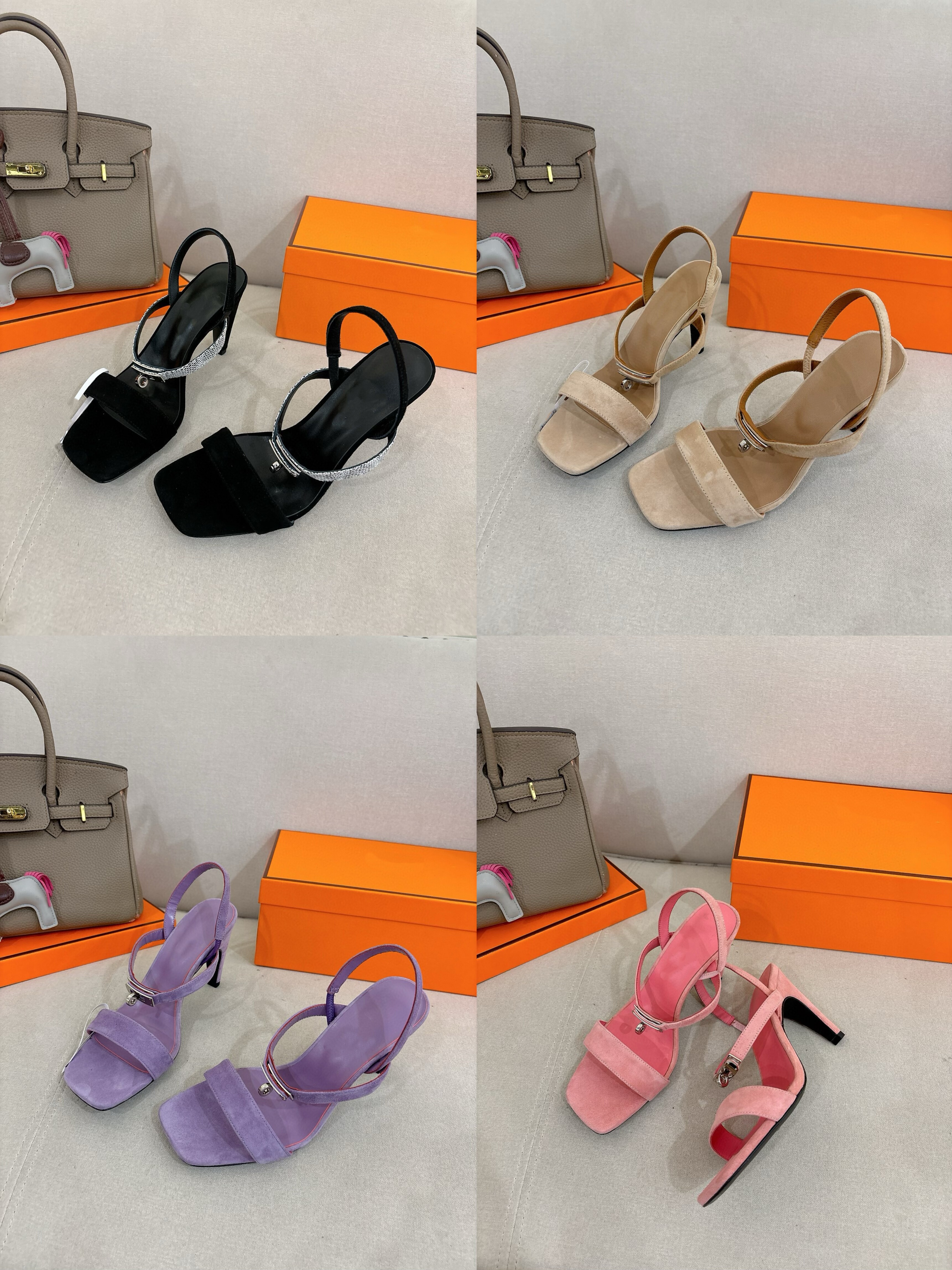 2026夏款金属锁扣一字带方头高跟凉鞋女法式高级感细跟露趾高跟鞋