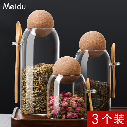 美杜玻璃密封罐带木勺花茶罐