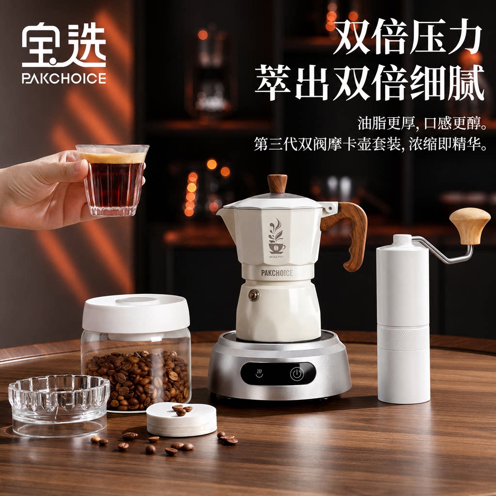 宝选双阀摩卡壶加热炉套装