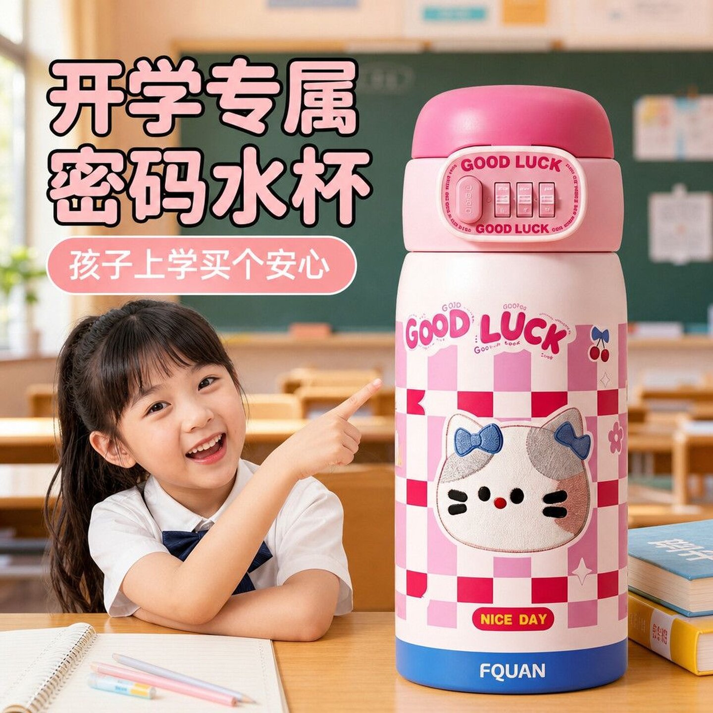 密码锁保温杯水杯儿童上学专用杯