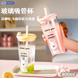 拼校园玻璃杯女生小众高颜值吸管大容量水杯杯子双层茶水分离家用