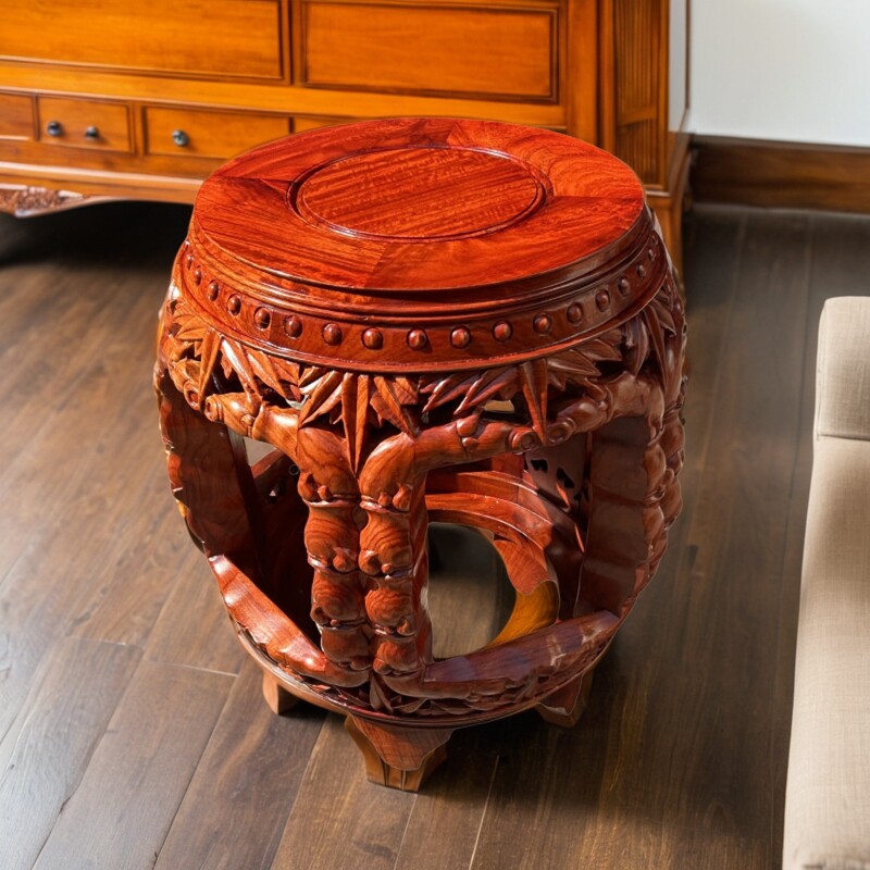 缅甸花梨木圆形雕刻铜钱大号鼓绣墩古凳坐具实心家居客厅书房卧室