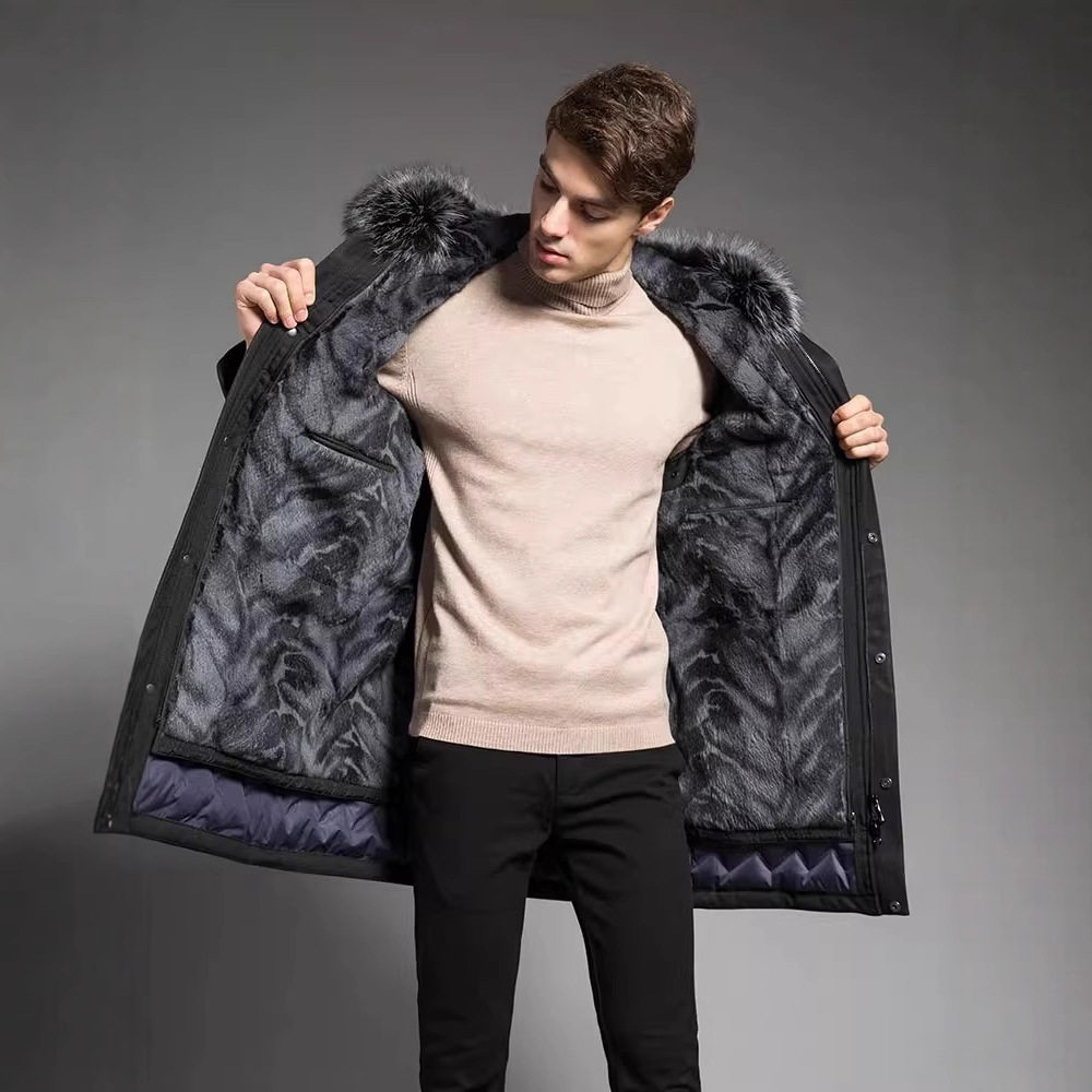 派克服男中长款加厚冬季新款兔毛皮毛一体鹅绒羽绒服大衣外套男