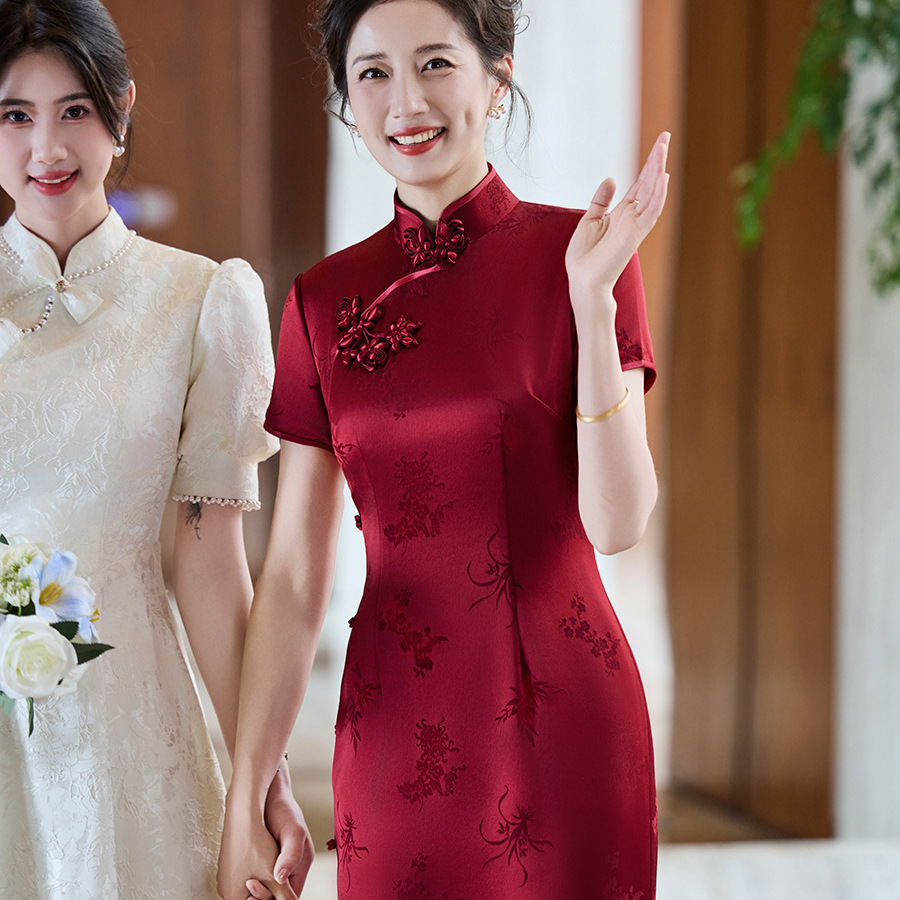 新款高端婚礼丈母娘装长款连衣裙妈妈装喜婆婆婚宴装改良旗袍
